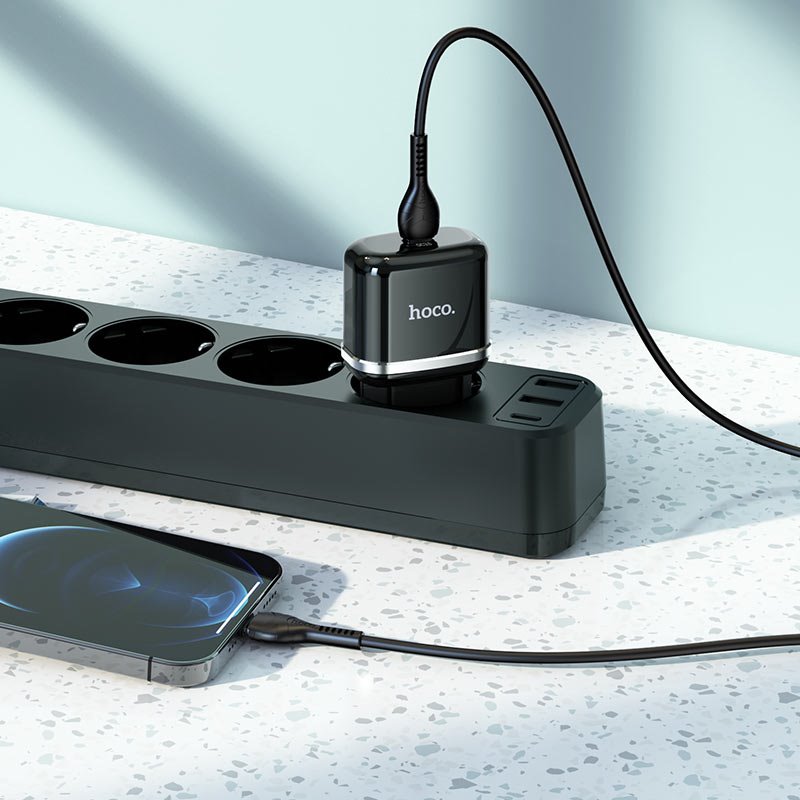 УЗУ блок-сеть_выход USB Type-C 3000 mA + usb кабель Type-C на Type-C_HOCO_N24_PD20W_PD3.0_черный_QC3
