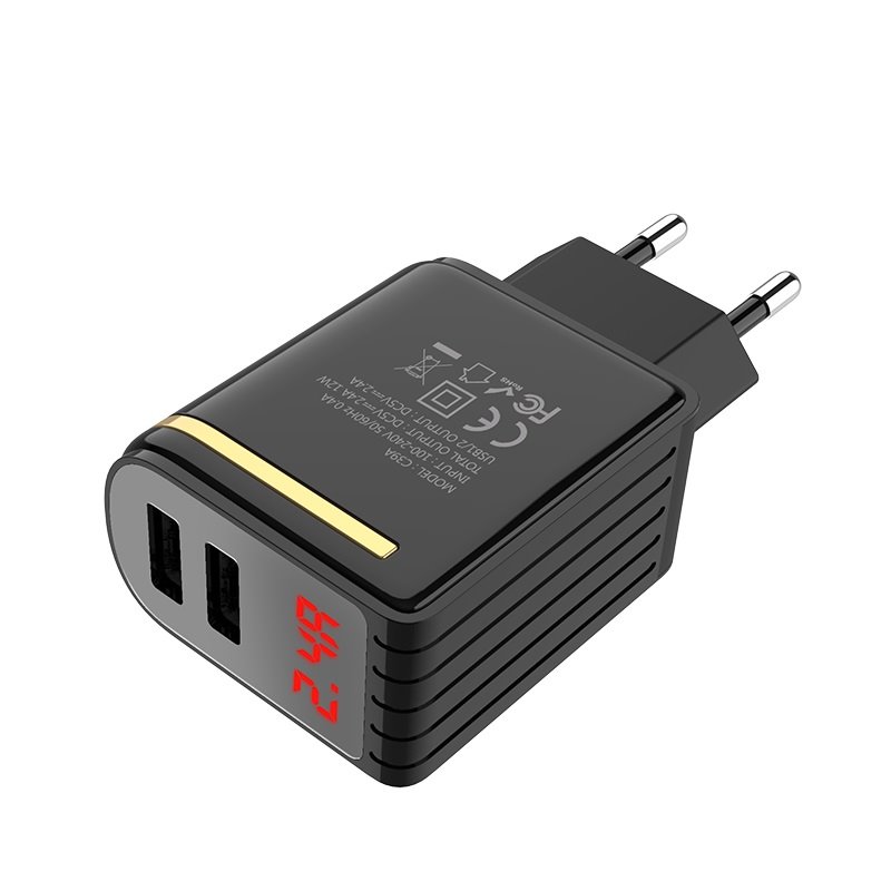 УЗУ блок-сеть_выходы USB 2400 mA/USB 2400 mA_LED дисплей_HOCO_C39A_черный