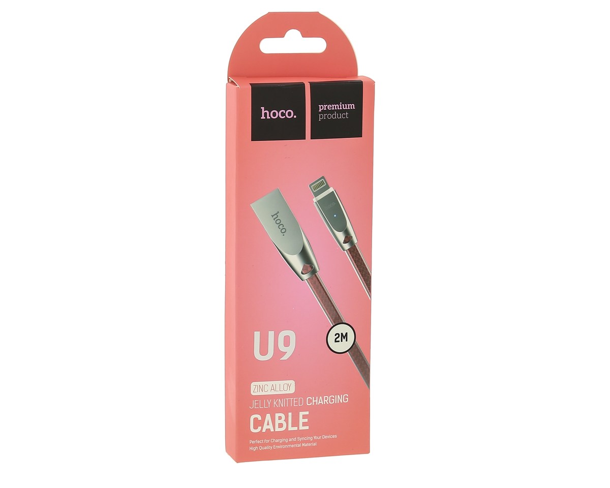 USB-кабель_Apple-- Lightning_HOCO_U9_силиконовый_плоский_с индикатором_розовый_2м