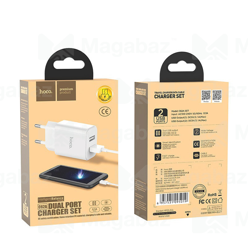 УЗУ блок-сеть_выходы USB 2100 mA/USB 2100 mA_+ usb кабель micro_HOCO_C62A_белый