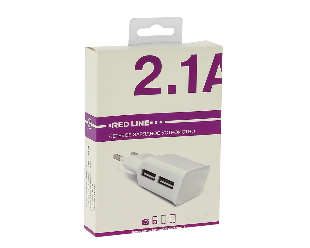 УЗУ блок-сеть_выходы USB 2100 mA/USB 2100 mA_Red Line_NT-2A_белый
