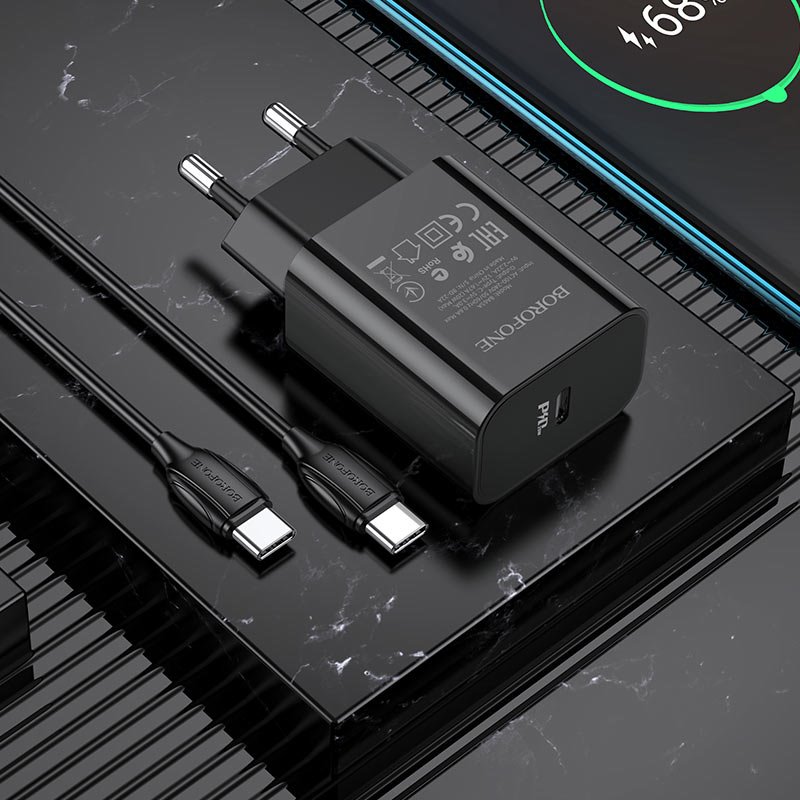 УЗУ блок-сеть_выходы USB Type-C 3000 mA_+ usb кабель Type-C на Type-C _Borofone_BA65A_20W_черный_QC3