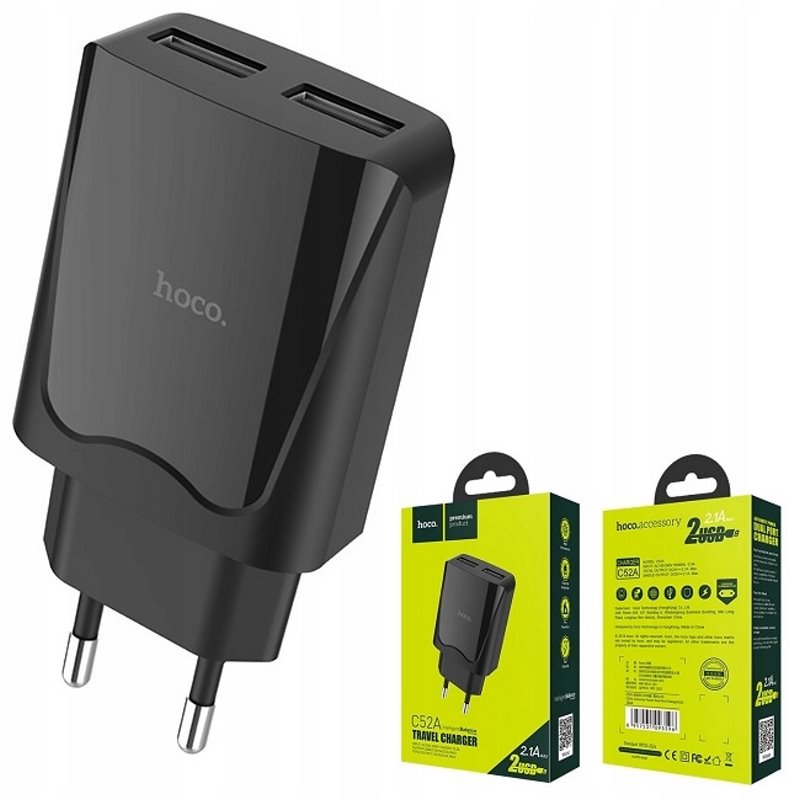 УЗУ блок-сеть_выходы USB 2100 mA/USB 2100 mA_HOCO_C52A_черный