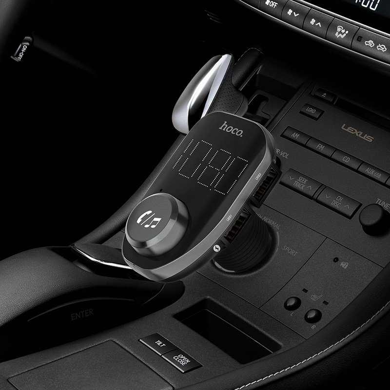 УЗУ_Блок авто_c FM - трансмиттером_выходы USB 2400 mA/USB 1000 mA_HOCO_E45_цифровой диплей_черный