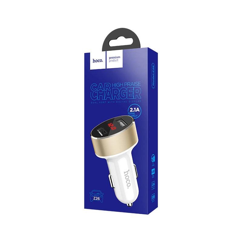 УЗУ_Блок авто_выходы USB 2100 mA/USB 2100 mA_цифровой диплей_HOCO_Z26_белый