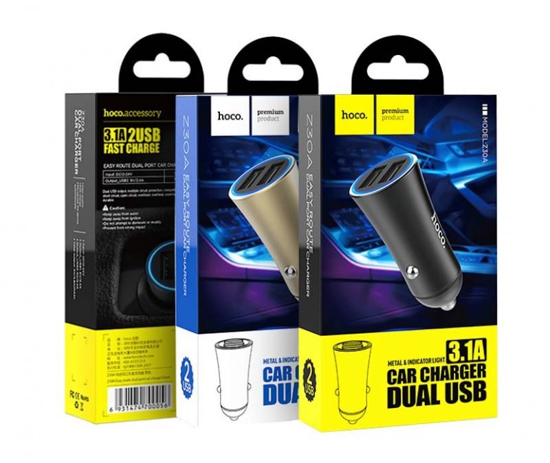 УЗУ_Блок авто_выходы USB 3100 mA/USB 3100 mA_HOCO_Z30A_золотой