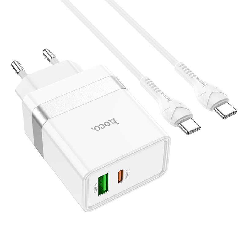 УЗУ блок-сеть_выходы USB Type-C 3000 mA/USB 3000 mA_+ usb кабель Type-C на Type-C_HOCO_N21_белый