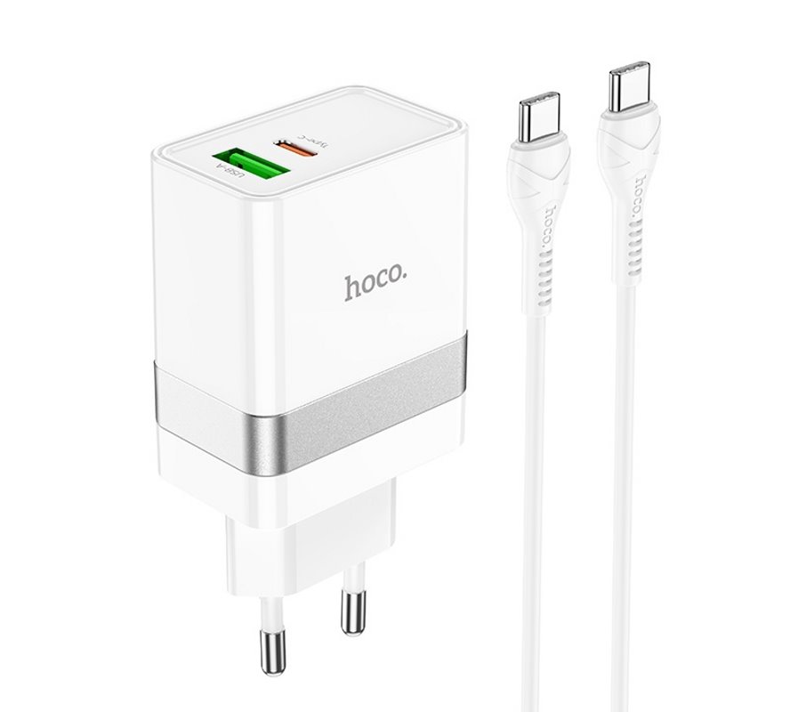 УЗУ блок-сеть_выходы USB Type-C 3000 mA/USB 3000 mA_+ usb кабель Type-C на Type-C_HOCO_N21_белый