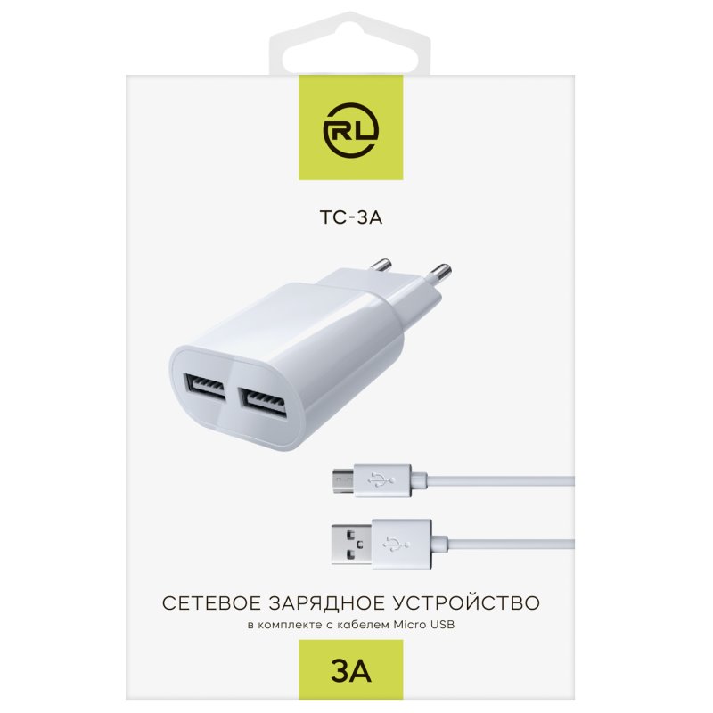 УЗУ блок-сеть_выходы USB 3000 mA/USB 1000 mA_+ usb кабель micro_Red Line_ТС-3A_белый