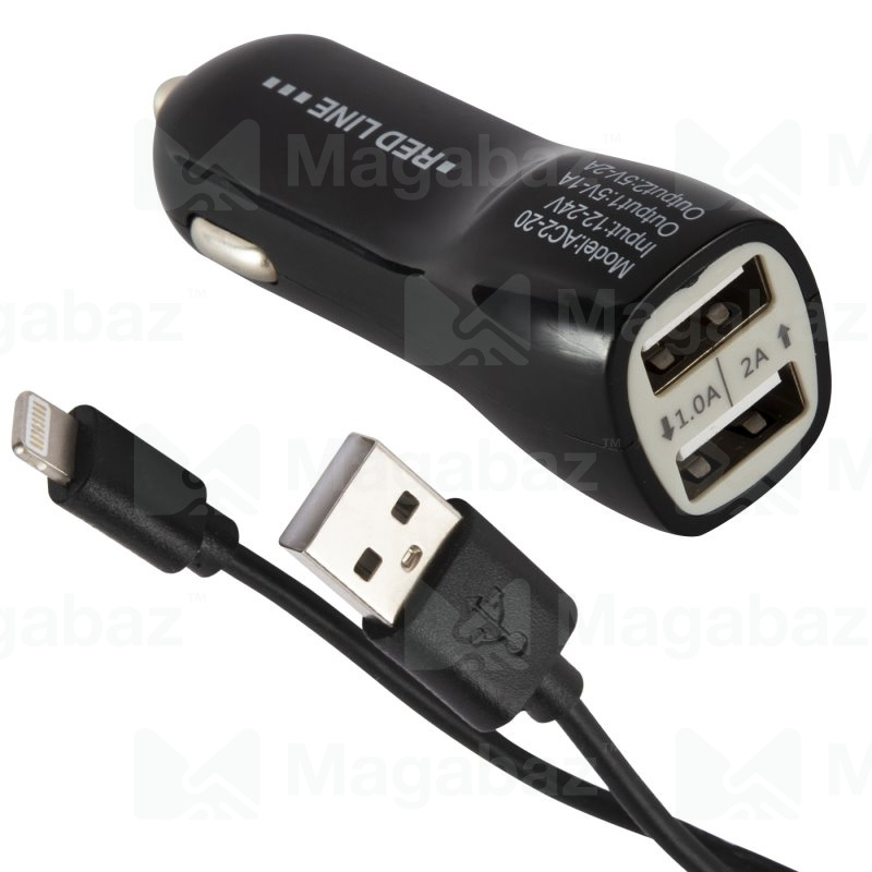 УЗУ_Блок авто_выходы USB 3000 mA + usb Type C 3000 mA_+ usb кабель Lightning_Red Line_Tech_AC-20_чер