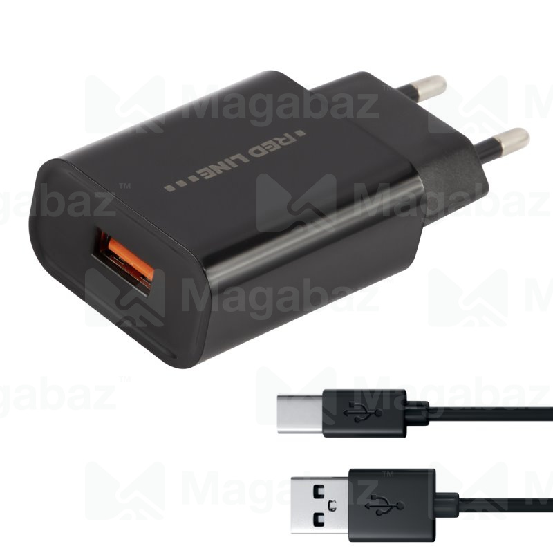 УЗУ блок-сеть_выход USB 2000 mA_+ usb кабель Type-C_Red Line_NQC1-3A_черный_QC3.0