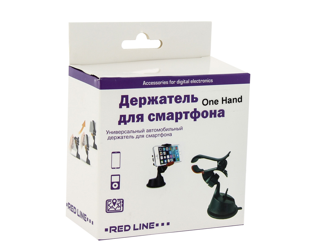 Авто - держатель для телефона_на присоске_зажим_Red Line_One Hand_черный