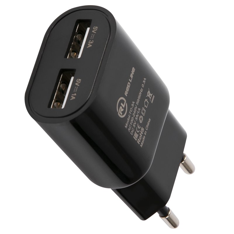 УЗУ блок-сеть_выходы USB 3000 mA/USB 3000 mA_Red Line_ТС-3A_черный