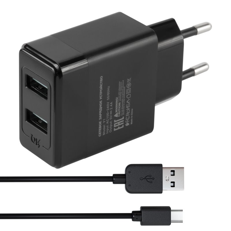 УЗУ блок-сеть_выходы USB 2400 mA/USB 2400 mA_+ usb кабель Type-C_Red Line_Y1_черный