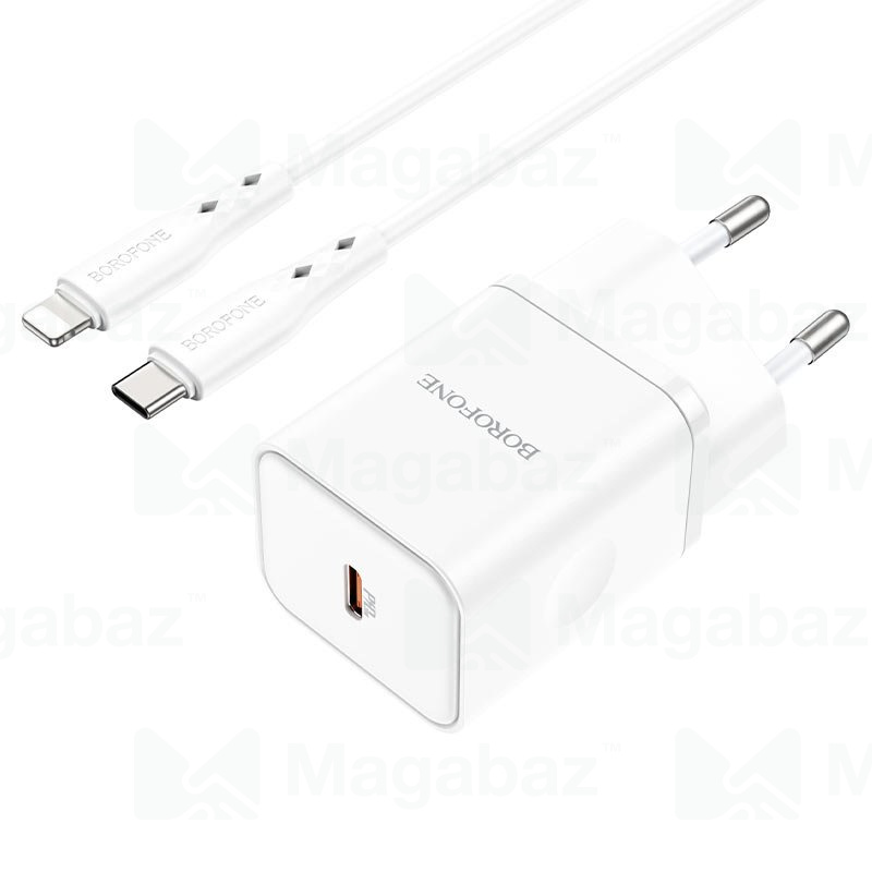 УЗУ блок-сеть_выход USB Type-C 3000 mA_+ usb кабель Type-C на Lightning_Borofone_BN6_20W_белый