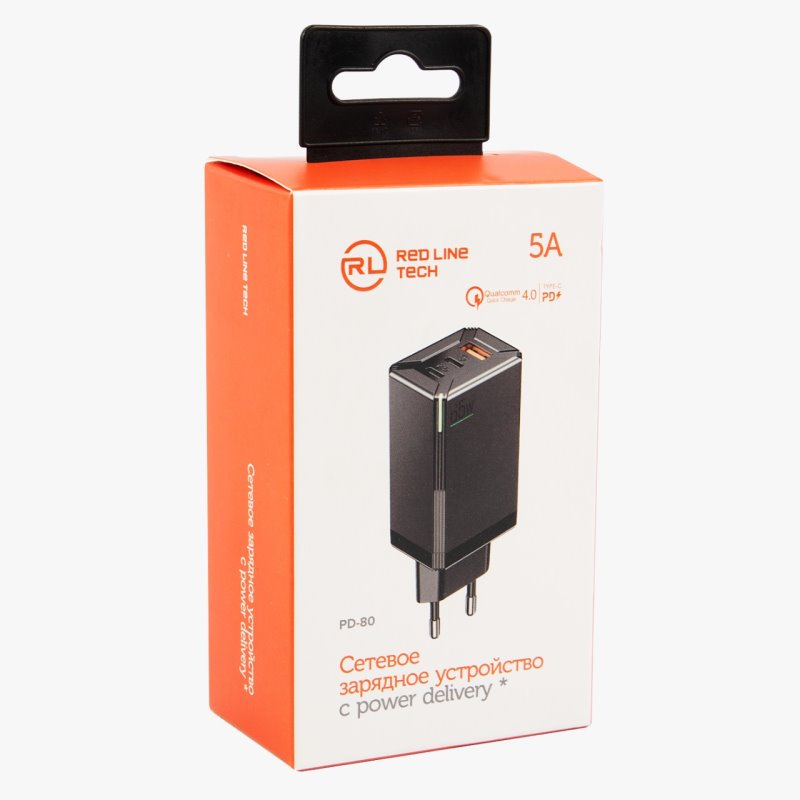 УЗУ блок-сеть_выходы USB Type-C 3250 mA/USB Type-C 3250 mA/USB 3250 mA_Red Line_PD-80_PD65_черный_QC