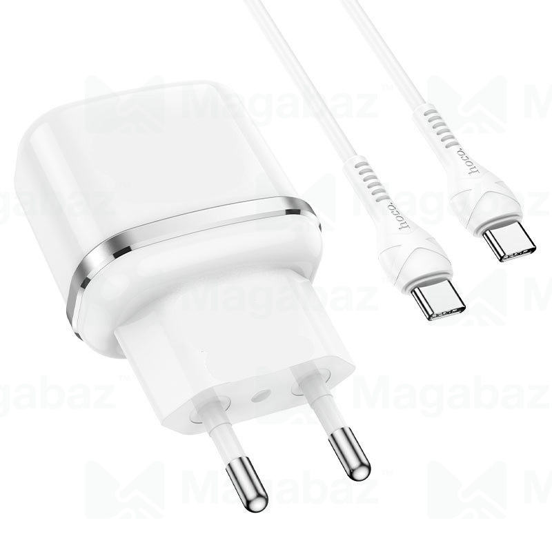 УЗУ блок-сеть_выход USB Type-C 3000 mA + usb кабель Type-C на Type-C_HOCO_N24_PD20W_PD3.0_белый_QC3.