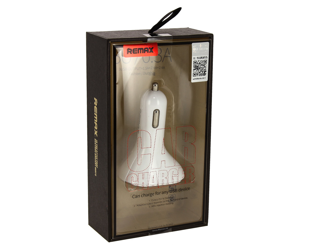 УЗУ_Блок авто_выходы USB 1500 mA/USB 2400 mA/USB 2400 mA_Remax_5-040_белый