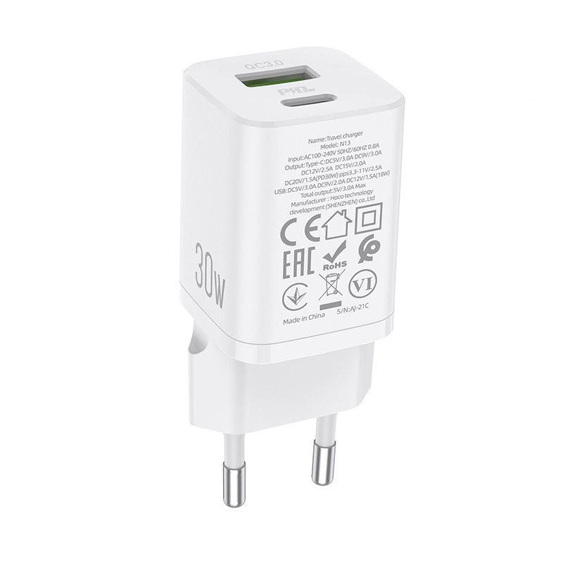 УЗУ блок-сеть_выходы USB Type-C 3000 mA/USB 3000 mA_HOCO_N13_белый