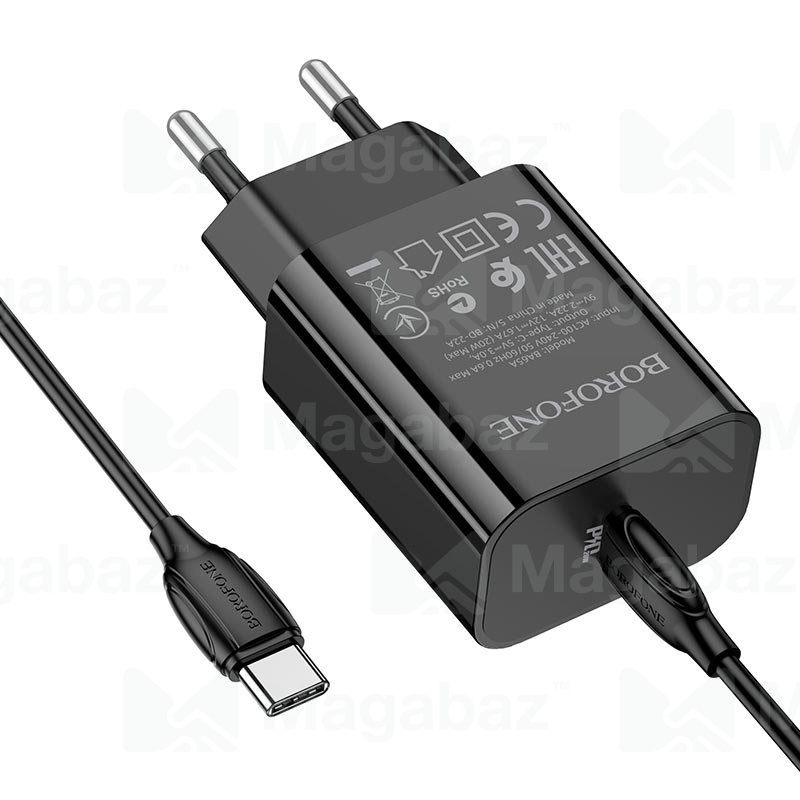 УЗУ блок-сеть_выходы USB Type-C 3000 mA_+ usb кабель Type-C на Type-C _Borofone_BA65A_20W_черный_QC3