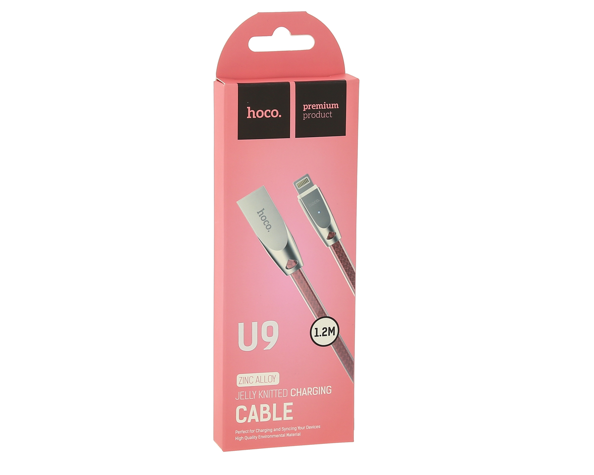 USB-кабель_Apple-- Lightning_HOCO_U9_силиконовый_плоский_с индикатором_розовый_1,2м