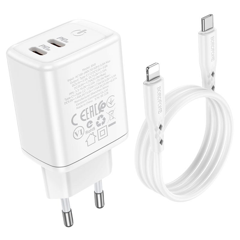 УЗУ блок-сеть_выходы USB Type-C 3000 mA/USB Type-C 3000 mA_+ usb кабель Type-C на Lightning_Borofone