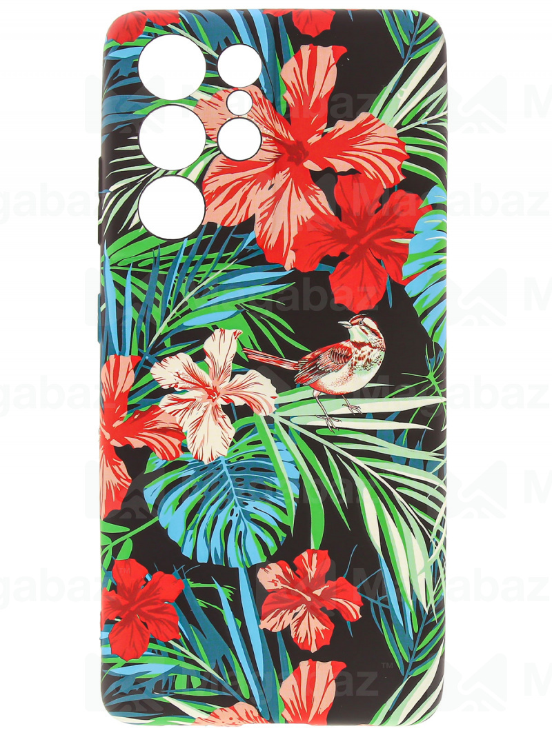 Накладка для_Samsung-- S21 Ultra_1.095-1_Helsen_с защитой КАМЕРЫ_цветы - птицы_H8
